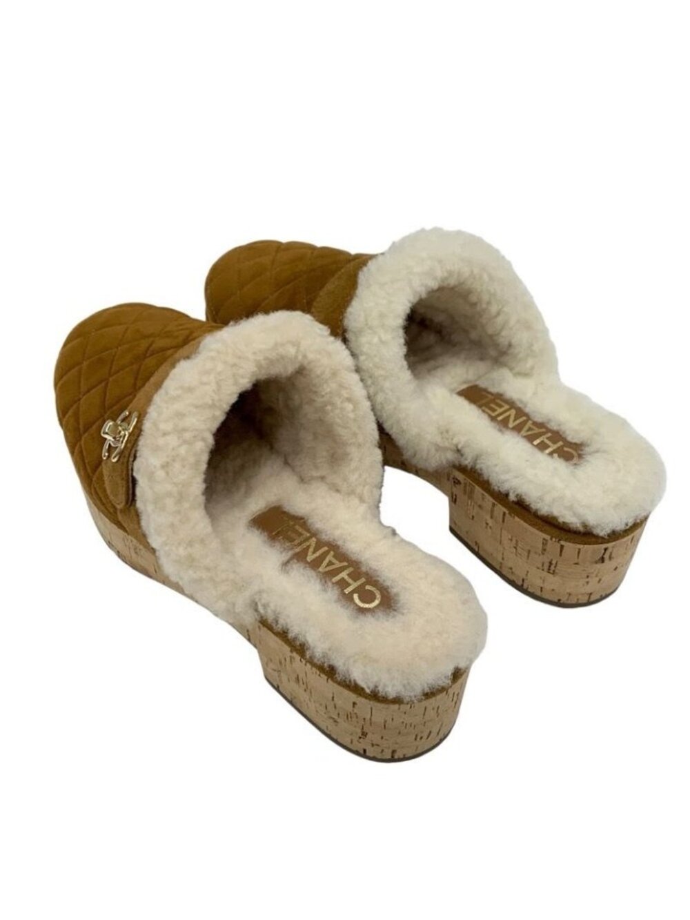 Chanel Sandals Shoes Suede Mouton Cork Brown Gold Clog Mules Turnlock Coco Mark - Picture 4 of 10